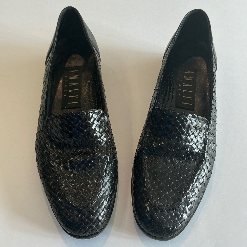 Vintage Amalfi Woven Black Leather Loafers Flats size 7 2A Narrow Italy - Picture 2 of 14